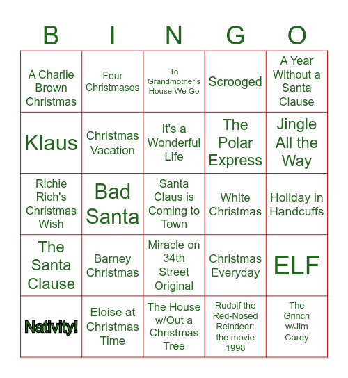 Christmas Movies Bingo Card