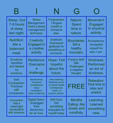 MENTAL HEALTH BINGO Card