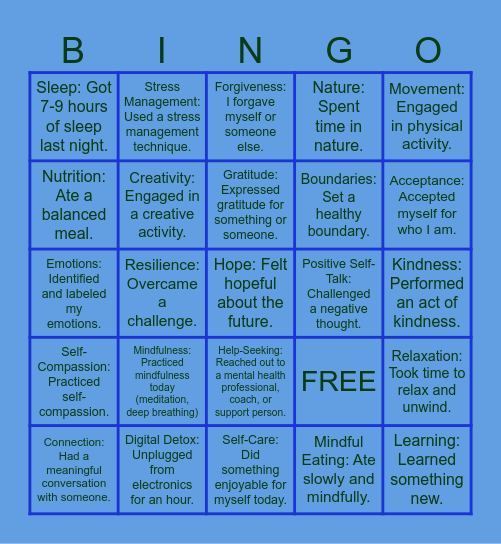 MENTAL HEALTH BINGO Card