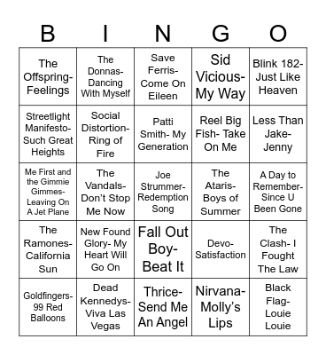 Radio Bingo Punk Goes Pop Bingo Card
