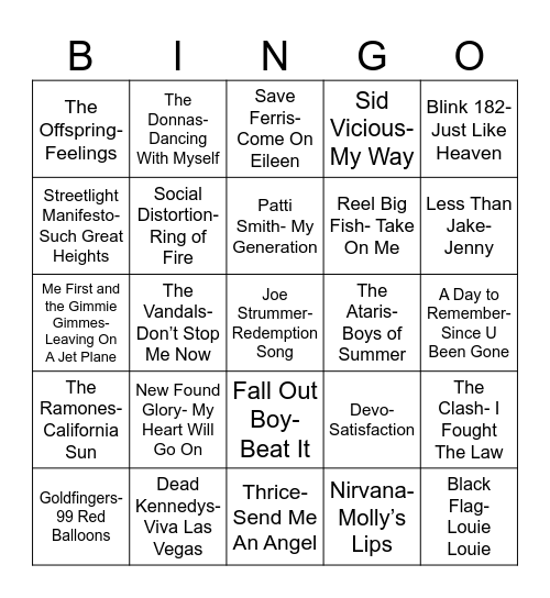 Radio Bingo Punk Goes Pop Bingo Card
