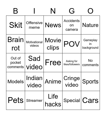 Instagram Reels bingo Card