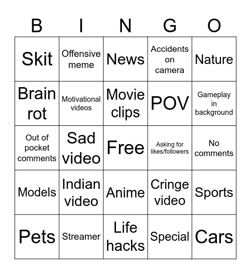 Instagram Reels bingo Card