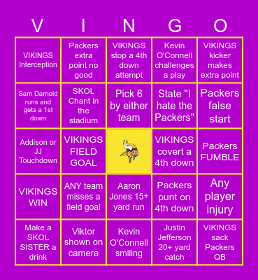 VIKINGS vs PACKERS STEINBECK BINGO Card