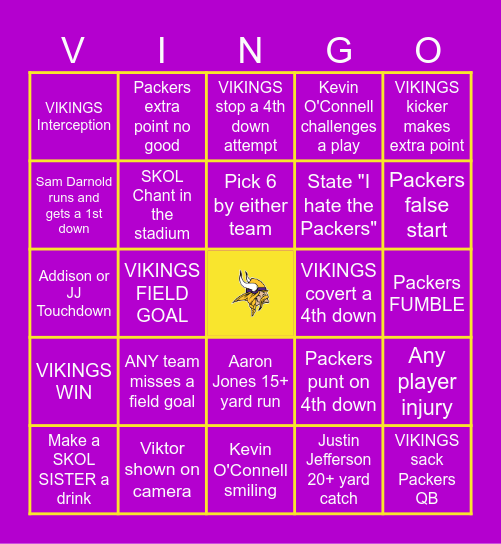 VIKINGS vs PACKERS STEINBECK BINGO Card