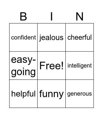personality adjectives Bingo Card