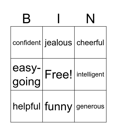 personality adjectives Bingo Card