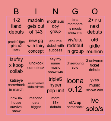 kpop prediction bingo Card