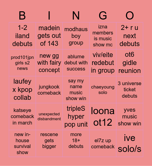 kpop prediction bingo Card