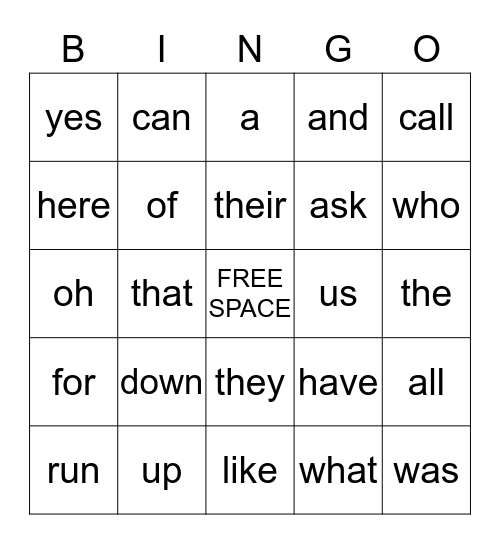 Sight Words Bingo Card