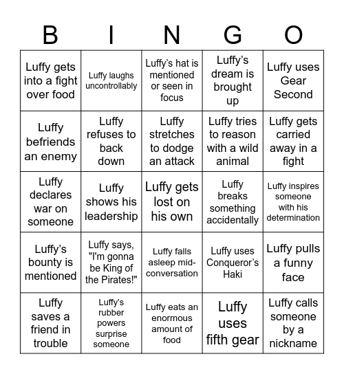 Luffy Bingo Card