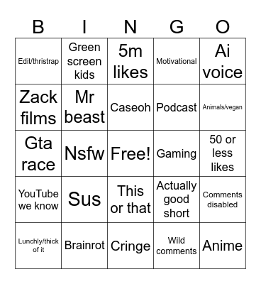 Shorts Bingo Card