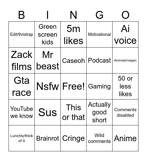 Shorts Bingo Card