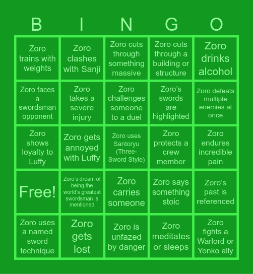 Zoro Bingo Card