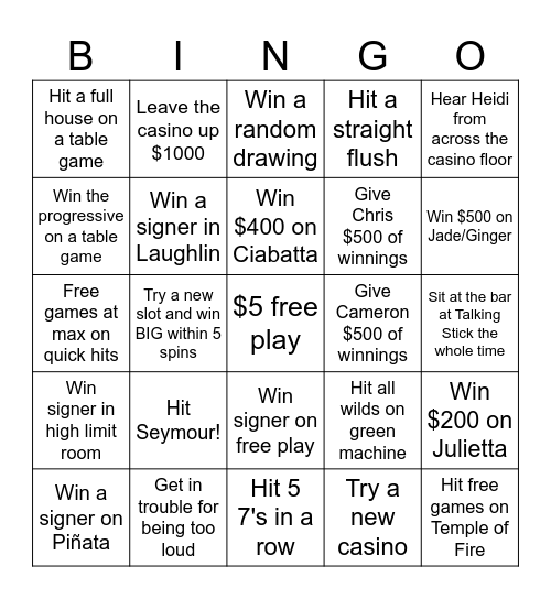Casino Bucket List Bingo Card
