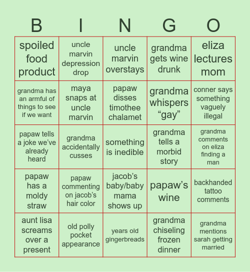 christmas 2024 family bingo Card