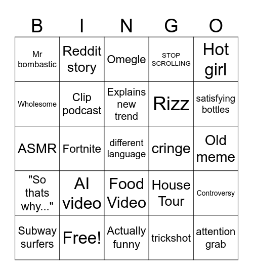 Youtube Shorts Bingo Card