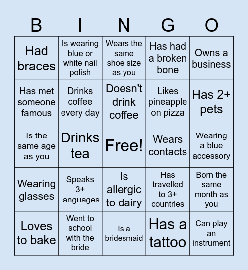 Ana's Bridal Shower Bingo Card