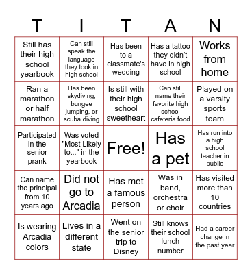10 Year Reunion Bingo Card