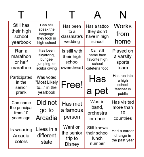 10 Year Reunion Bingo Card