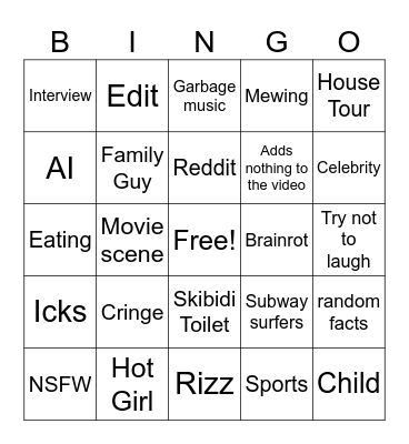 YouTube Shorts Bingo Card