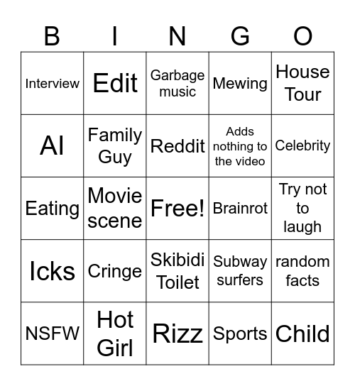 YouTube Shorts Bingo Card