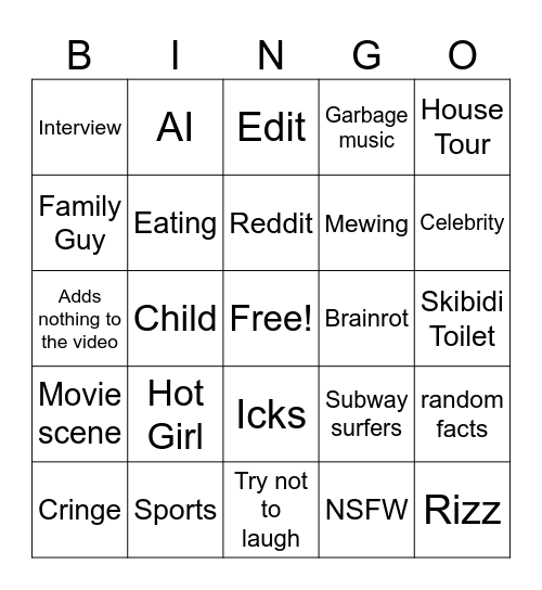 YouTube Shorts Bingo Card