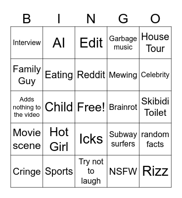 YouTube Shorts Bingo Card