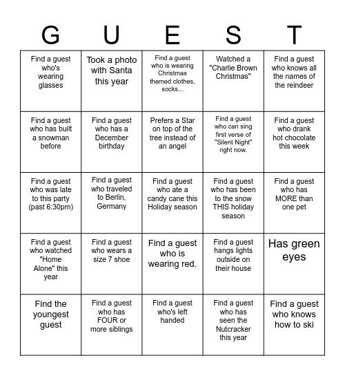 Christmas - Find The Guest Bingo Card