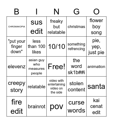 shorts bingo Card