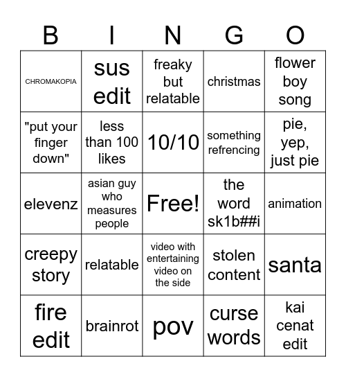 shorts bingo Card