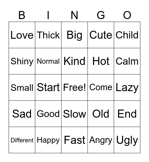 Synonym Bingo Card