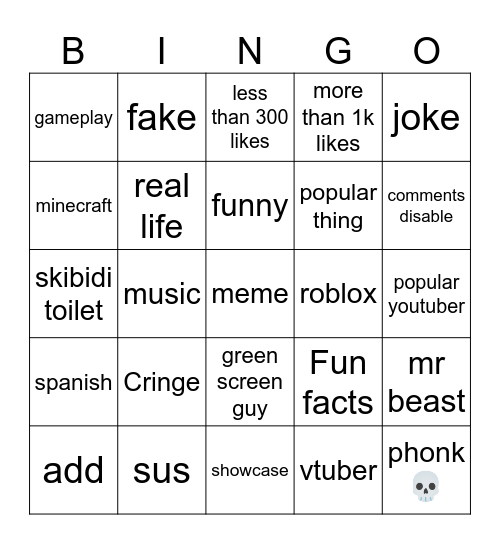 youtube short bingo Card