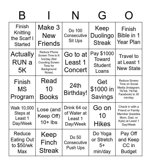 2025 Resolution Bingo! Bingo Card