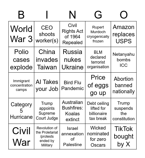 2025: End of Days Bingo Card