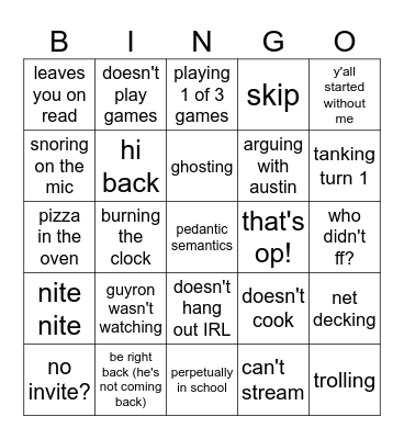 Guyron Bingo Card