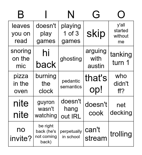 Guyron Bingo Card