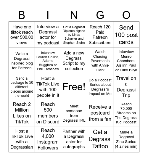 Degrassi Kid - 2025 Bingo Card