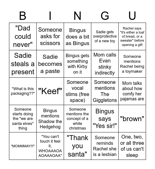 Mommy Christmas Bingus Bingo Card