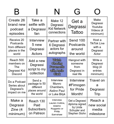 Degrassi Kid's 2025 Bingoals Bingo Card