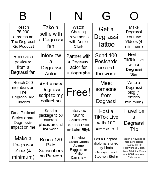 Degrassi Kid's 2025 Bingoals Bingo Card