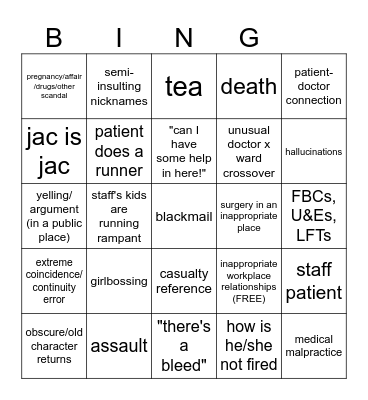 Holby City Bingo Card