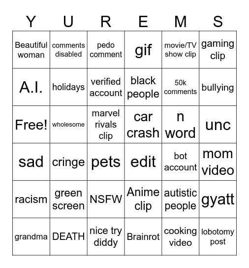 I hate IG reels Bingo Card