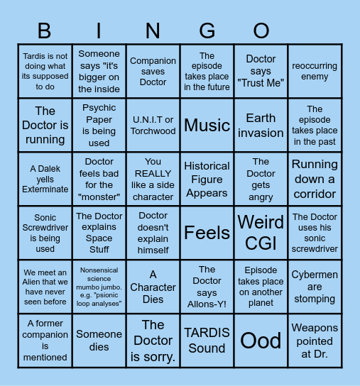 Doctor Who Bingo Card