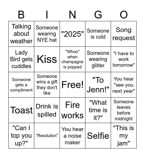Turner New Year's Eve 2025 Bingo Card
