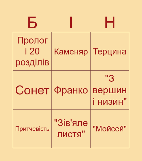 І.Франко Bingo Card
