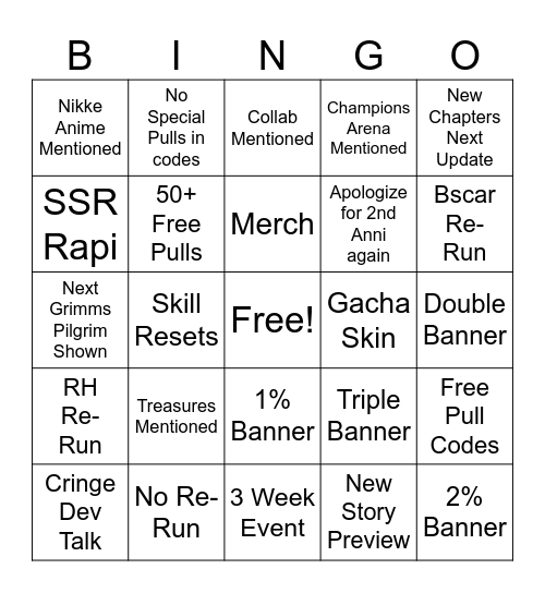 Nikke Christmas Livestream Bingo Card