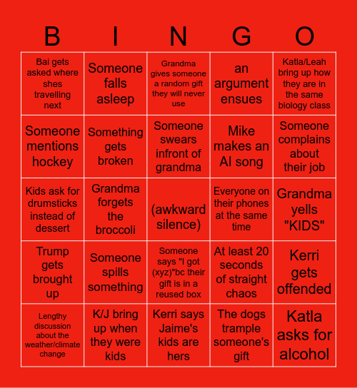 Christmas Family Bingo Card