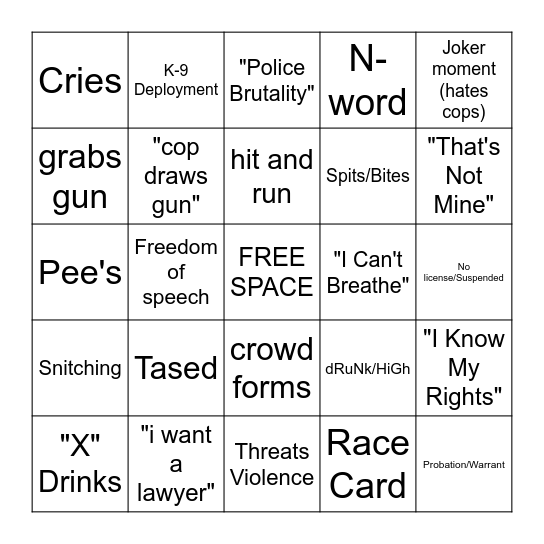 Body Cam Bingo Card