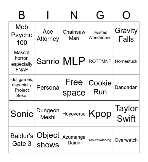 Annoying Fandoms Bingo Card